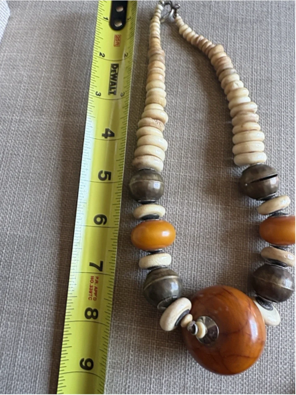 Vtg African Copal Amber Resin Bead Necklace Chunky Tribal Bone Brass Statement